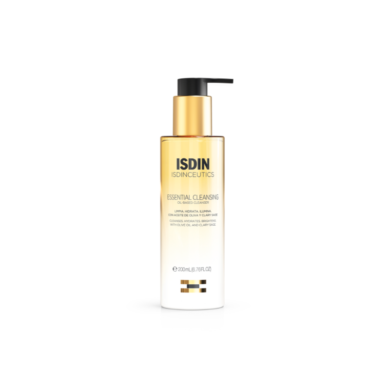 A pump bottle of ISDIN Essential Cleansing Oil with a yellow label and black pump.