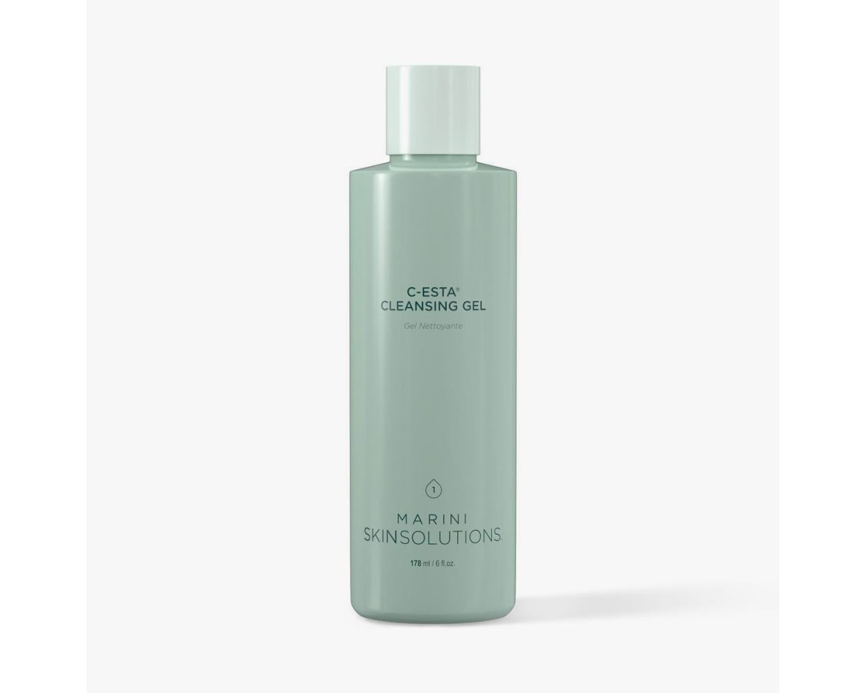 Cleansing gel bottle with 'Marini Skin Solutions' branding on a white background